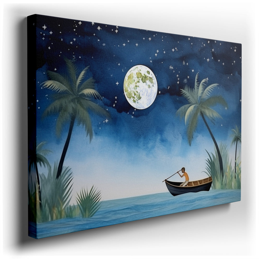 canvas print on wrapped canvas for wall decor – This enchanting wall art captures a tranquil moment under the luminous glow of a full moon, creating a serene tableau th...