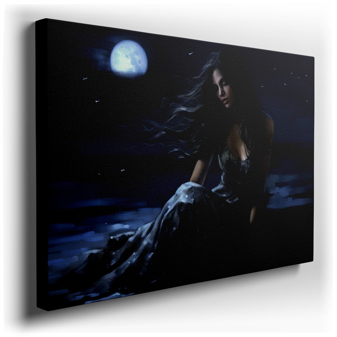 canvas print on wrapped canvas for wall decor – This enchanting wall art captures a solitary figure seated by the expansive ocean under the luminous glow of a full moon...