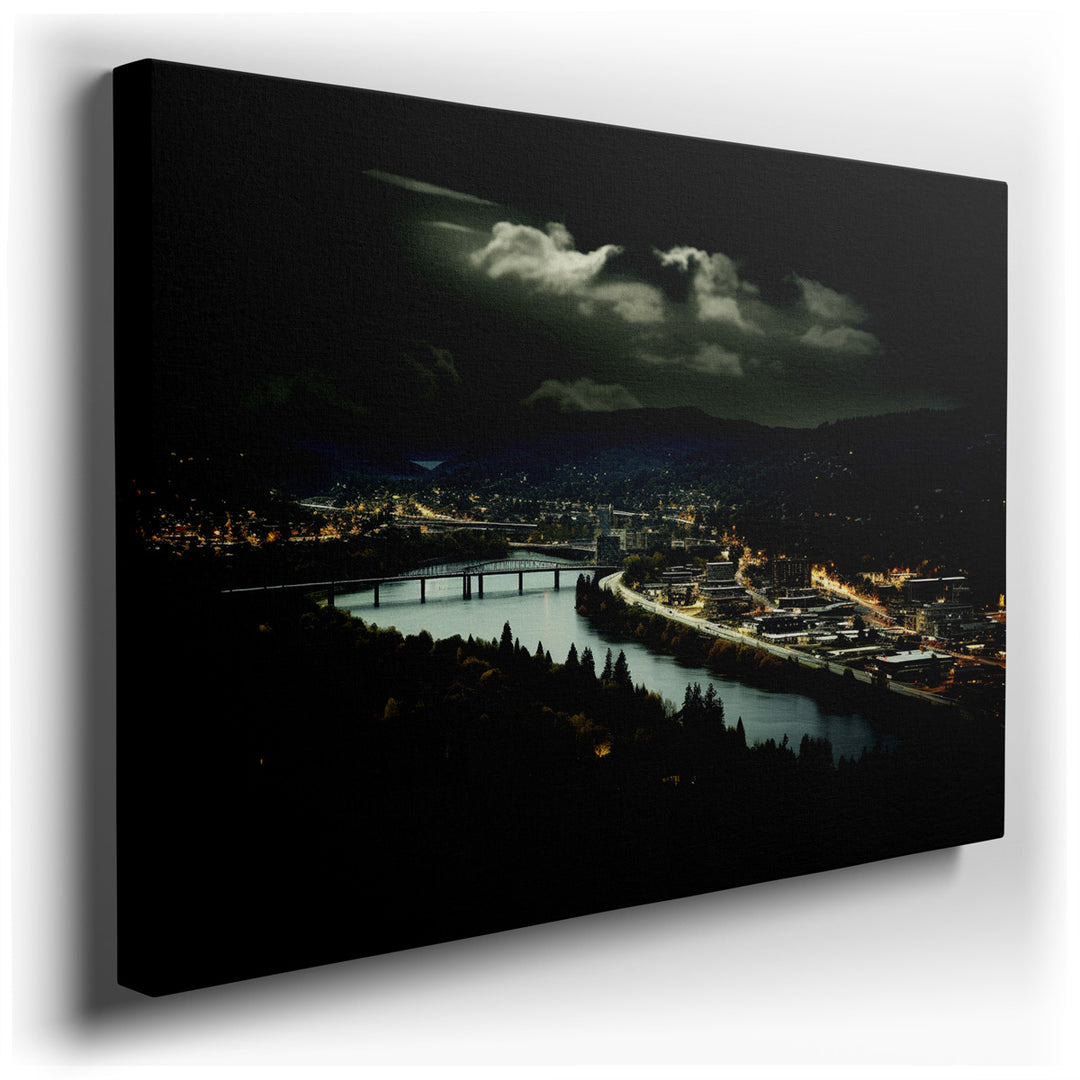 canvas print on wrapped canvas for wall decor – The wall art captures a tranquil river valley bathed in the gentle glow of moonlight, presenting a breathtaking nocturna...