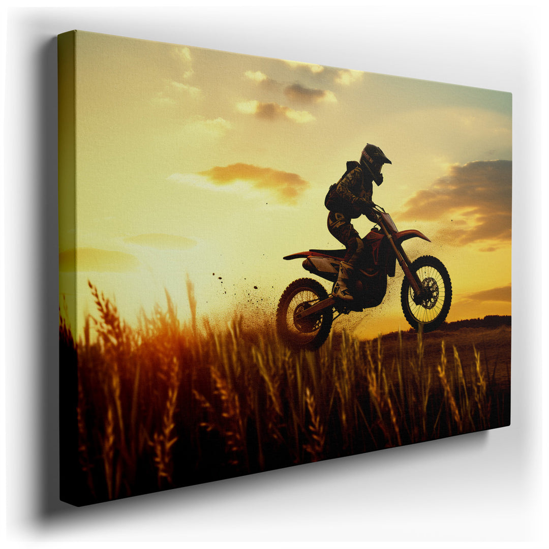 canvas print on wrapped canvas for wall decor – This wall art captures an exhilarating moment of a motocross rider soaring through the air against a breathtaking sunset...