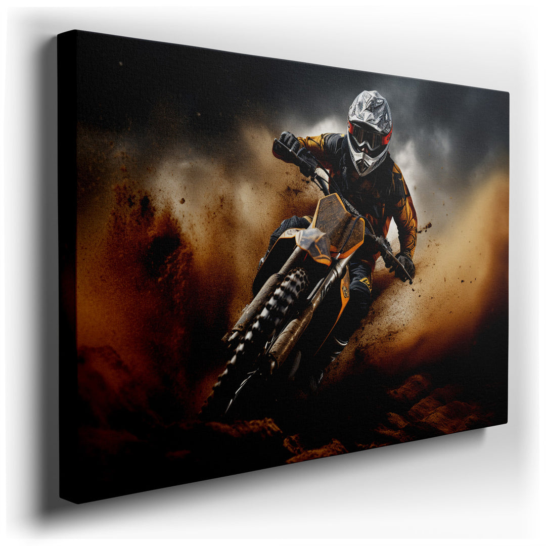 canvas print on wrapped canvas for wall decor – This wall art captures a breathtaking moment in the world of extreme sports, specifically focusing on a motocross rider....