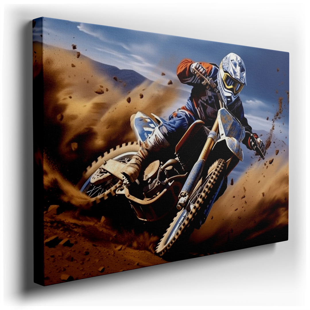 canvas print on wrapped canvas for wall decor – This wall art is a dynamic and vivid portrayal of a motocross racer in full action, masterfully captured amidst a swirli...