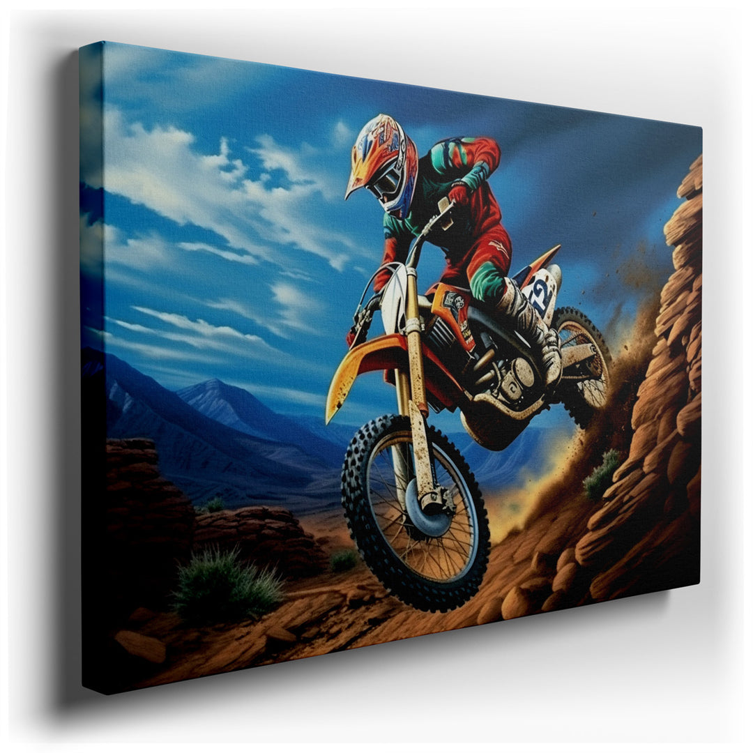 canvas print on wrapped canvas for wall decor – This captivating wall art vividly captures the essence of extreme sports through the lens of motocross racing, a sport t...