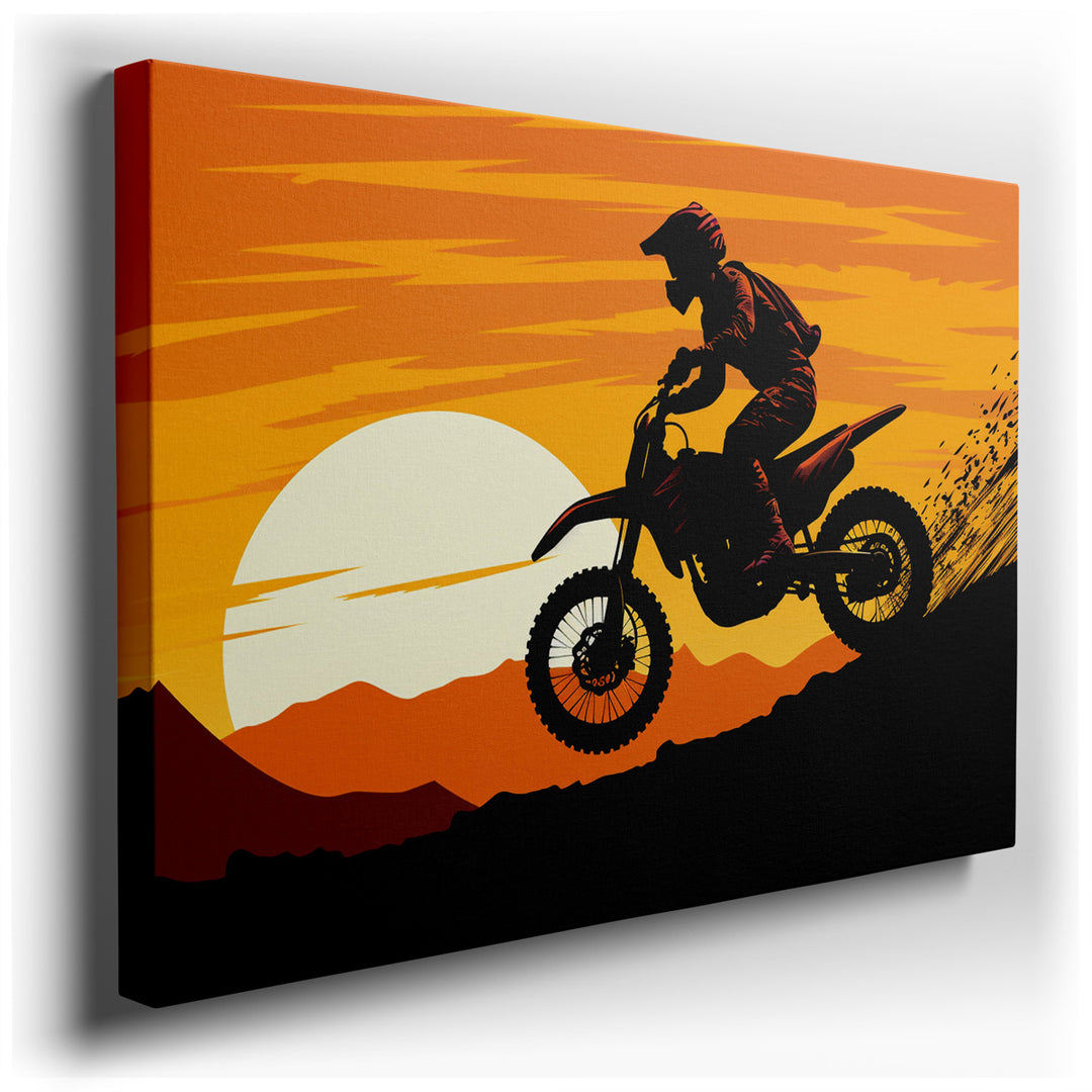 canvas print on wrapped canvas for wall decor – The wall art captures a breathtaking moment of a motorcycle rider ascending a rugged terrain, masterfully encapsulating...