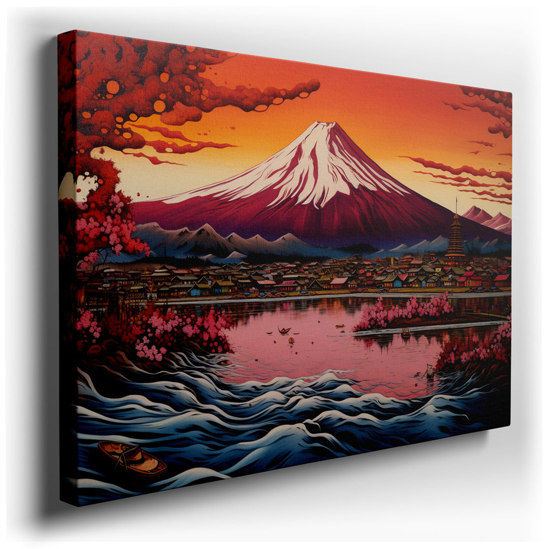 canvas print on wrapped canvas for wall decor – This exquisite wall art captures the majestic Mount Fuji, a symbol of serenity and enduring strength, rendered in a vibr...