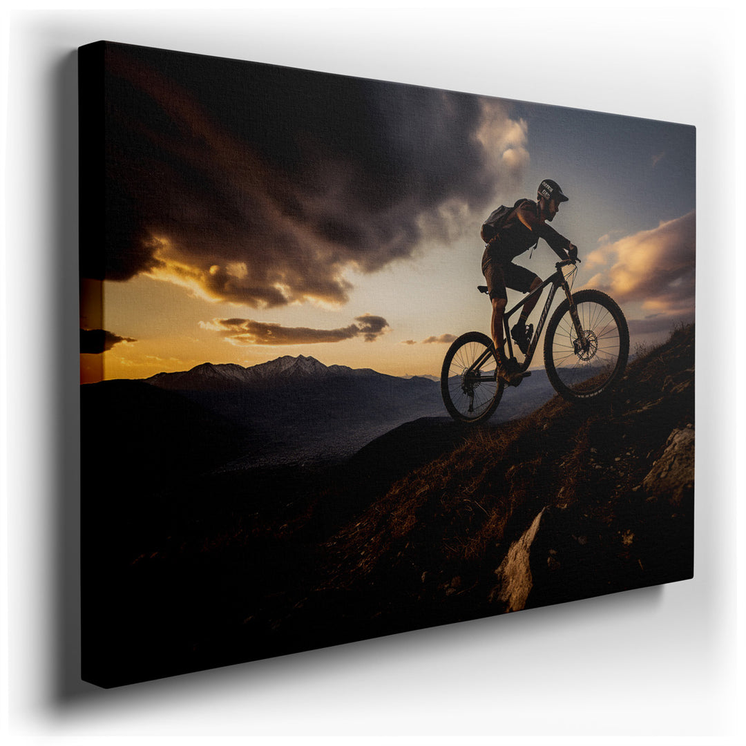 canvas print on wrapped canvas for wall decor – The wall art in question is a vivid and dynamic representation of a mountain biker conquering a rugged trail, set agains...
