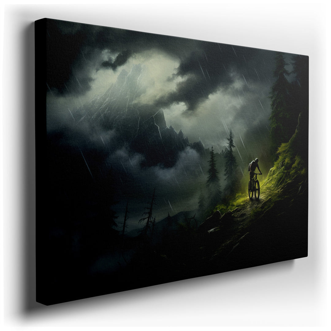 canvas print on wrapped canvas for wall decor – This wall art captures the essence of adventure and the relentless spirit of a mountain biker as they navigate through a...