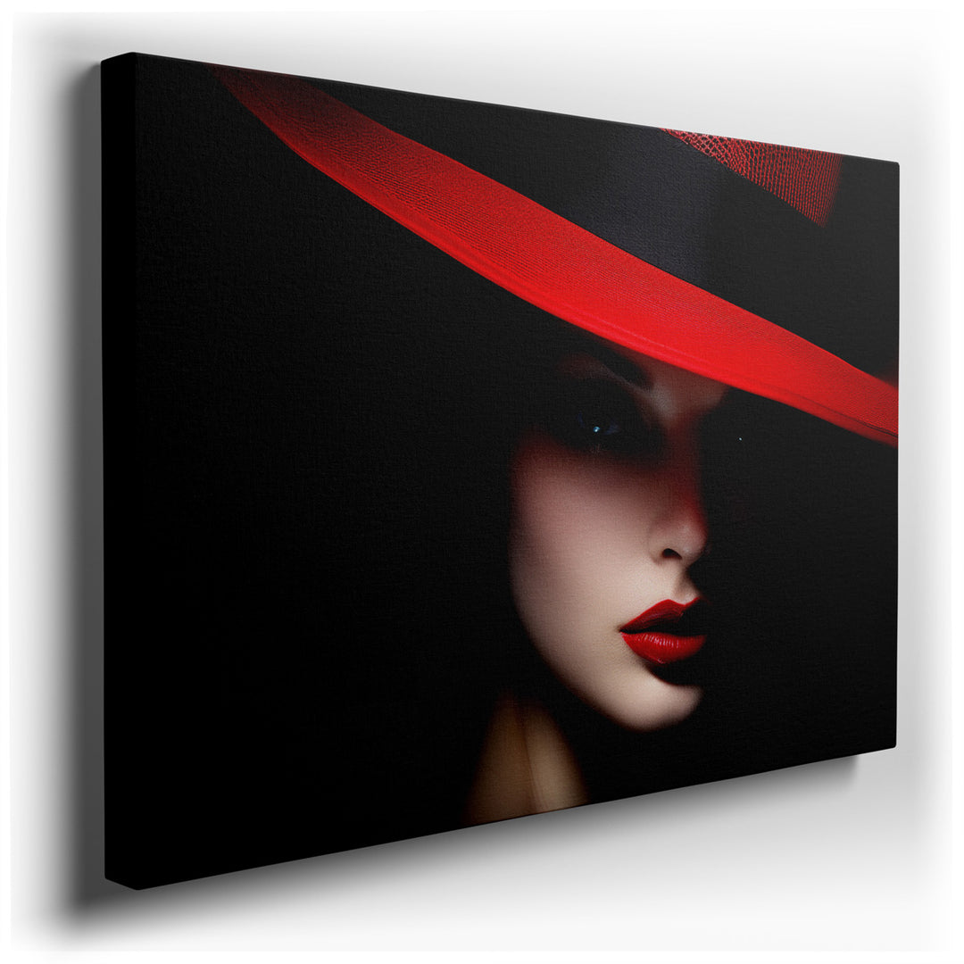 canvas print on wrapped canvas for wall decor – This wall art, a mesmerizing portrait of a model adorned with a bold red hat and vividly painted lips, is a masterpiece...