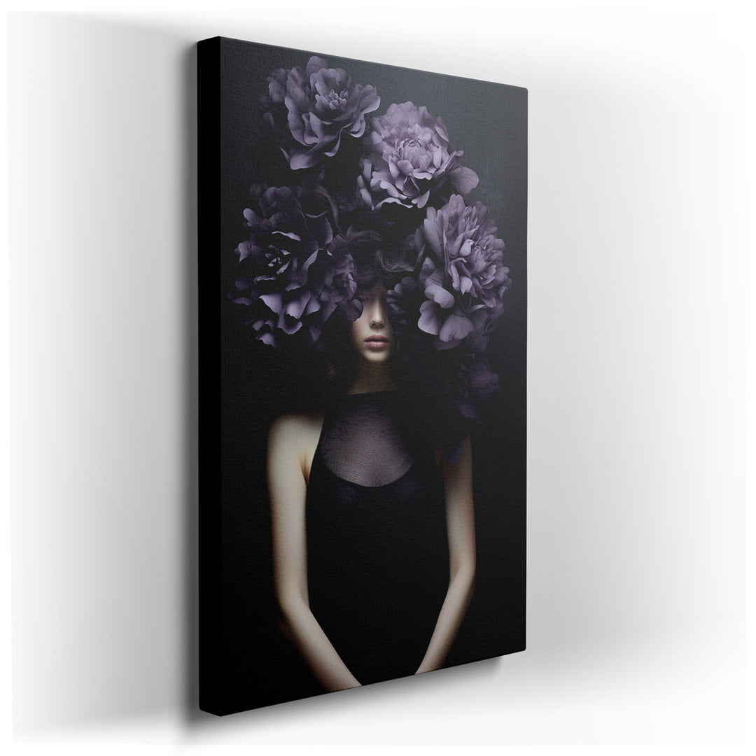 canvas print on wrapped canvas for wall decor – This captivating wall art portrays a woman whose elegance is accentuated by a crown of dark purple flowers, weaving a na...