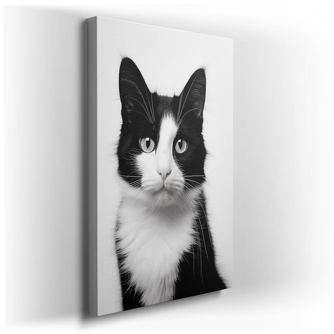 canvas print on wrapped canvas for wall decor – This wall art is a captivating black and white portrait of a cat that exudes a unique blend of mystery and elegance, mak...