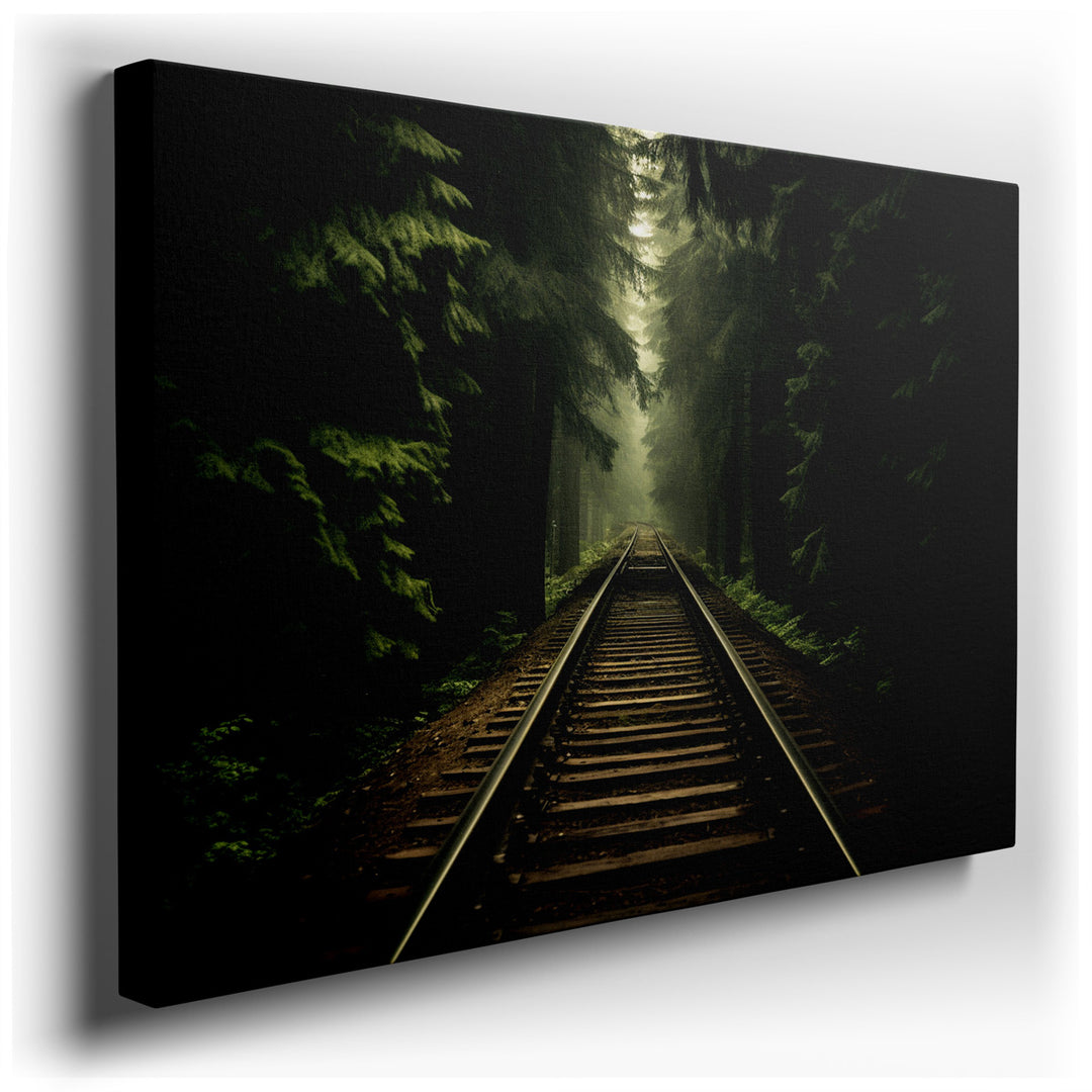 canvas print on wrapped canvas for wall decor – This captivating wall art masterfully portrays a scene where railway tracks meander through a dense, mist-enshrouded for...
