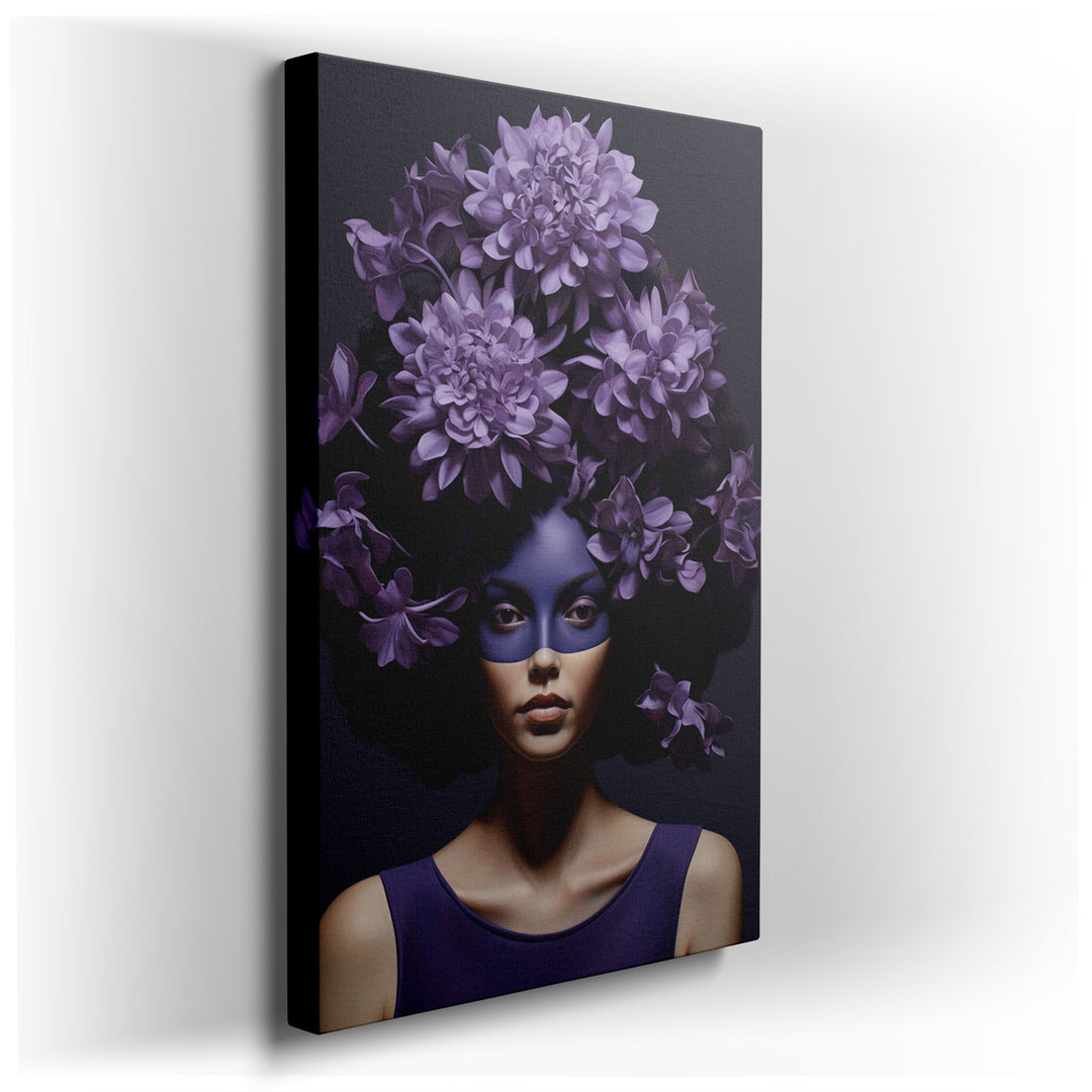 canvas print on wrapped canvas for wall decor – This captivating wall art presents a visually striking portrait of a woman enveloped in an array of purple floral elemen...