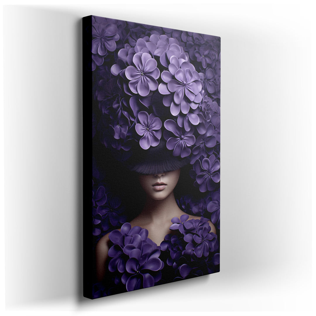canvas print on wrapped canvas for wall decor – This wall art, a mesmerizing portrait of a woman enshrouded in a lavish bouquet of purple flowers, offers a profound art...