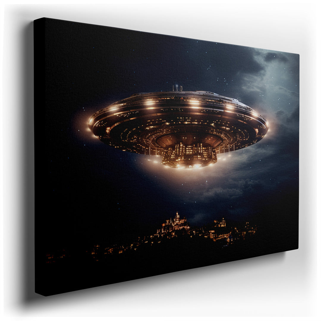 canvas print on wrapped canvas for wall decor – In this enthralling wall art, the artist masterfully captures a moment of otherworldly intrusion into the familiar tranq...