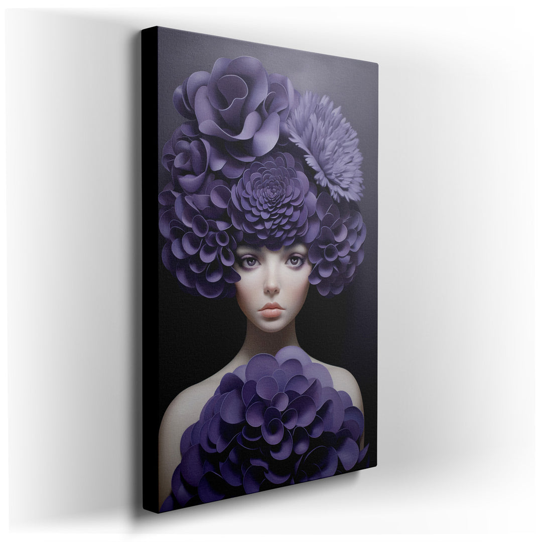 canvas print on wrapped canvas for wall decor – This wall art, a mesmerizing portrait of a woman adorned with a purple floral headpiece, is a masterpiece that combines...