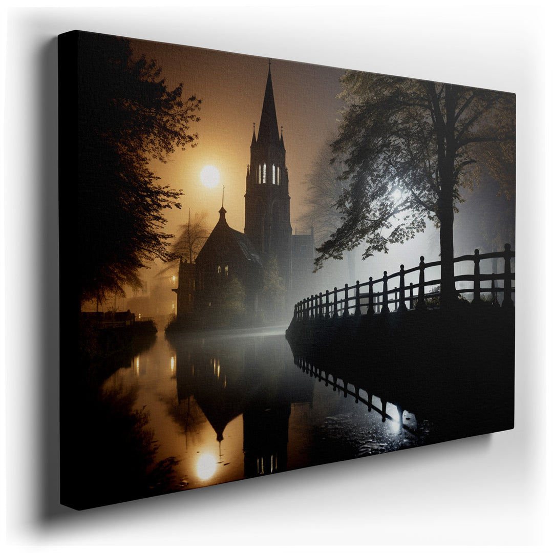 canvas print on wrapped canvas for wall decor – This wall art, a masterful depiction of serenity intertwined with mystery, portrays the silhouette of an ancient church...