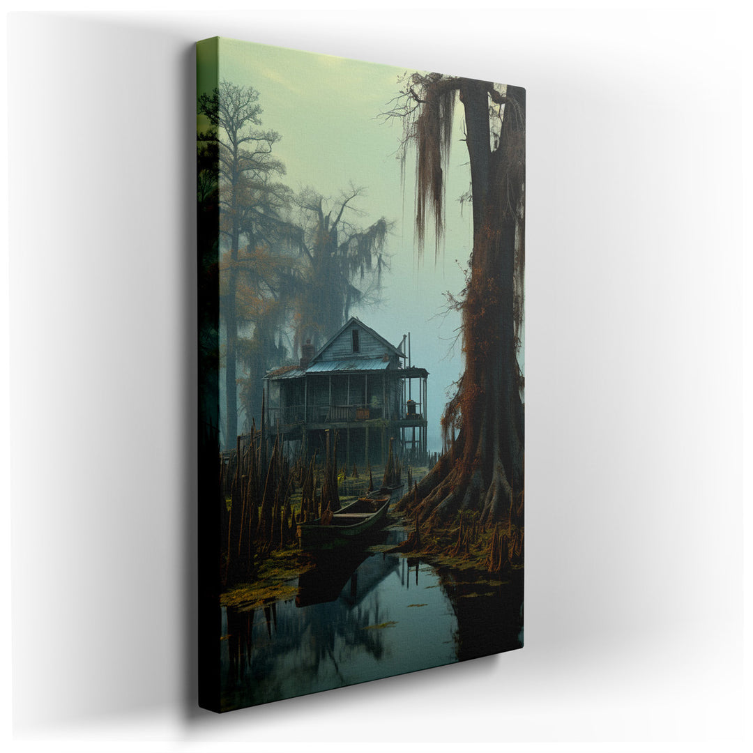 canvas print on wrapped canvas for wall decor – Imagine a wall art that captures the essence of a mysterious, eerie swamp at the break of dawn. This artwork, rich in de...