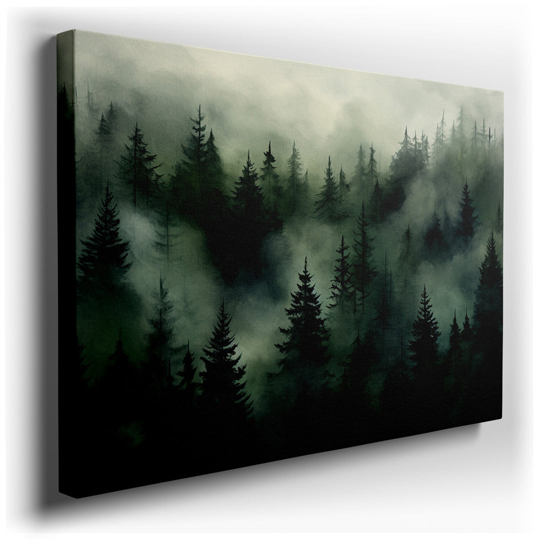 canvas print on wrapped canvas for wall decor – This wall art, a captivating depiction of a foggy forest scene, is an exquisite representation of nature's enigmatic bea...