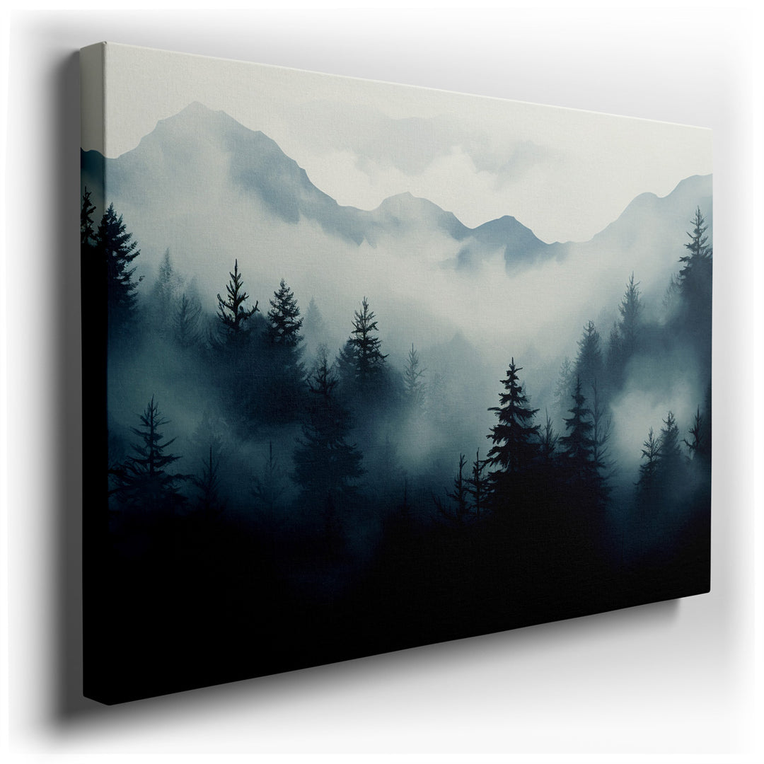 canvas print on wrapped canvas for wall decor – This captivating wall art portrays a breathtaking mountain landscape enveloped in a thick, dark mist, creating an aura o...