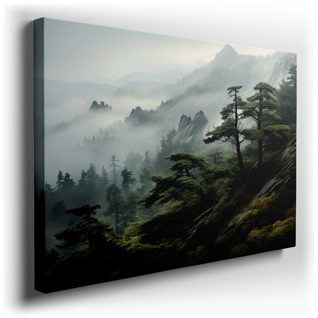 canvas print on wrapped canvas for wall decor – This enchanting wall art, a landscape masterpiece, depicts a serene and mystical mountain scene enveloped in a gentle mi...