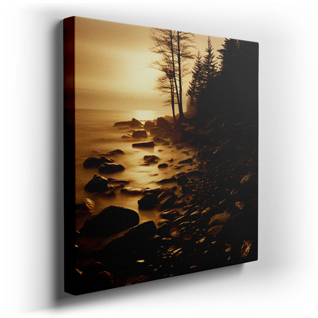 canvas print on wrapped canvas for wall decor – This enchanting wall art portrays a mystical shoreline at the magical hour of dusk, where the natural elements converge...