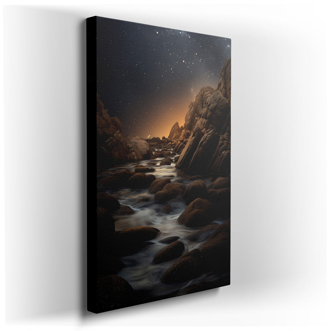 canvas print on wrapped canvas for wall decor – This wall art captures a mystical shoreline, where the rugged, unyielding rocks meet the gentle caress of flowing water...