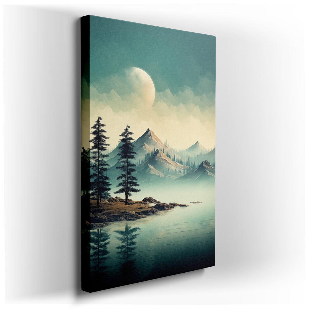 canvas print on wrapped canvas for wall decor – This wall art captures an ethereal mountain view that is both serene and mystically enchanting. The artwork features haz...