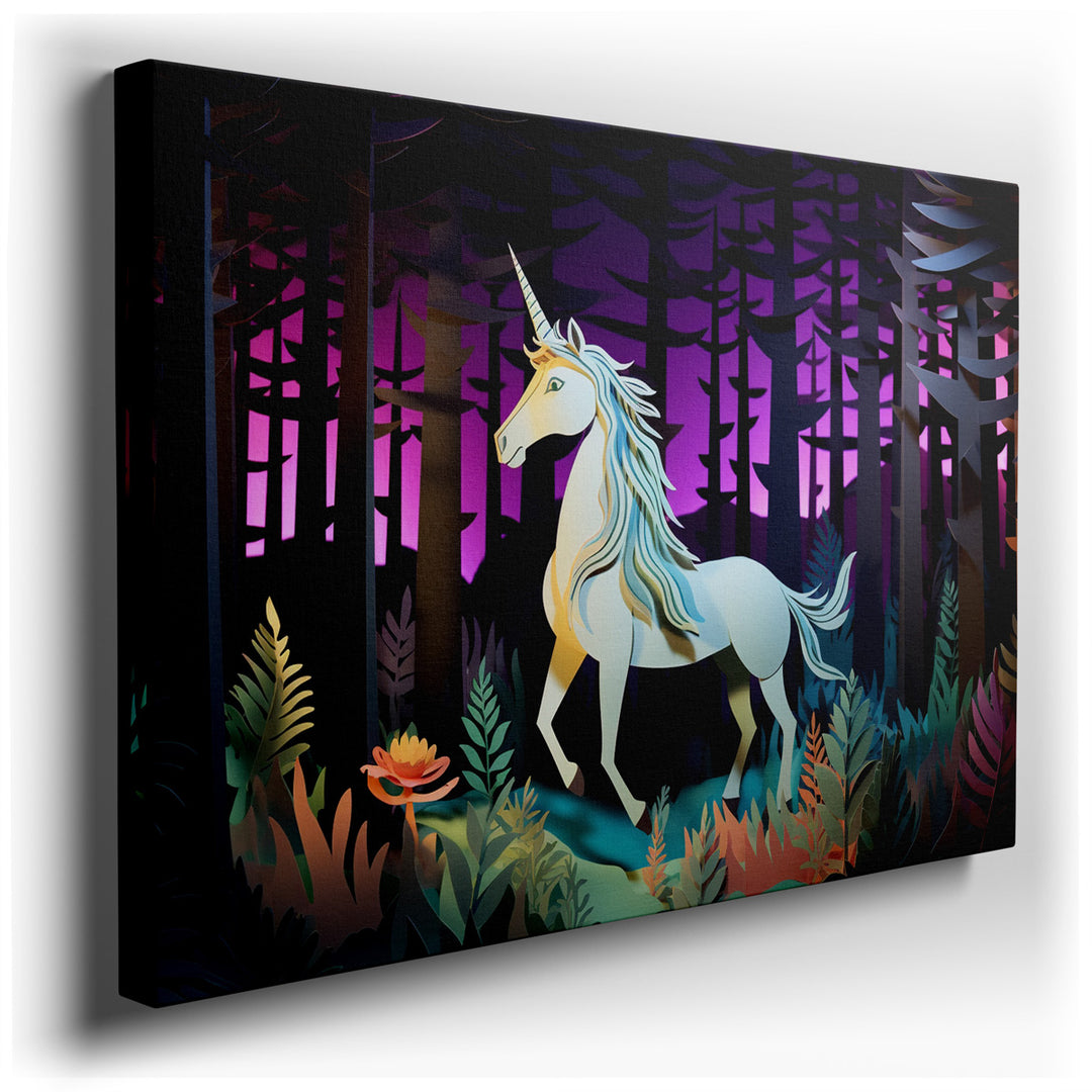 canvas print on wrapped canvas for wall decor – This wall art, a mesmerizing depiction of a unicorn moving through an enchanted forest, is a masterpiece that captures t...