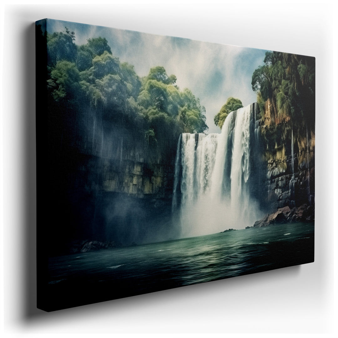 canvas print on wrapped canvas for wall decor – This exquisite wall art captures the ethereal beauty of a secluded waterfall, enveloped in a delicate veil of mist and f...
