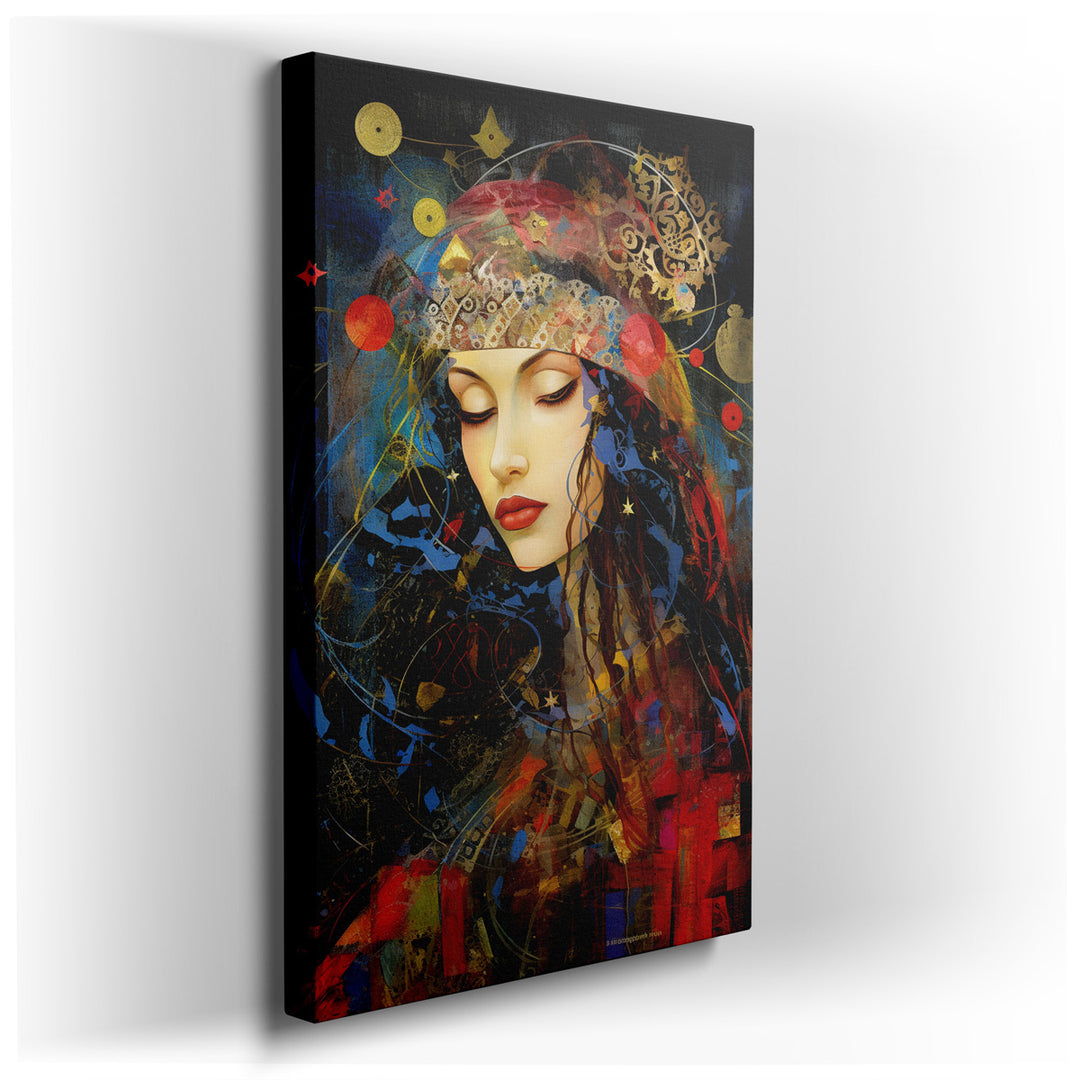canvas print on wrapped canvas for wall decor – This captivating wall art, a masterful blend of vibrant colors and abstract elements, presents a mystical woman whose vi...