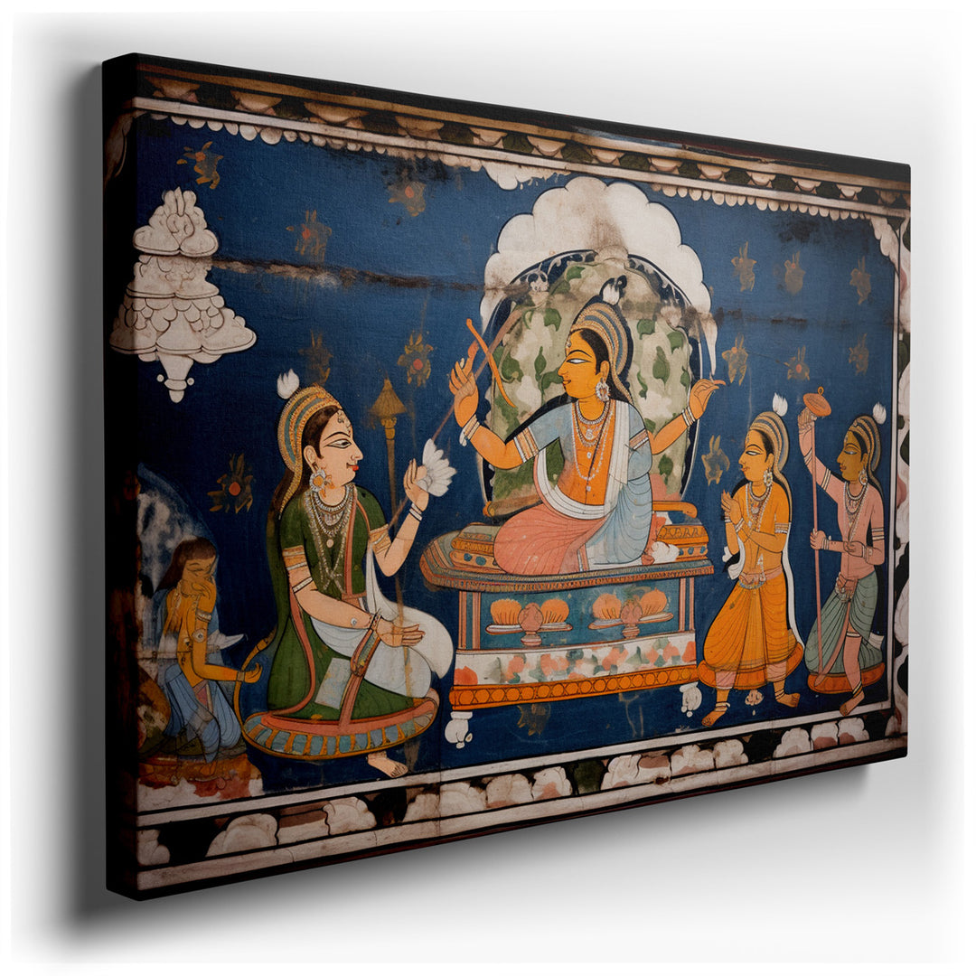 canvas print on wrapped canvas for wall decor – This wall art, a vibrant mural art piece, is a captivating representation of divine figures set within a mythological la...