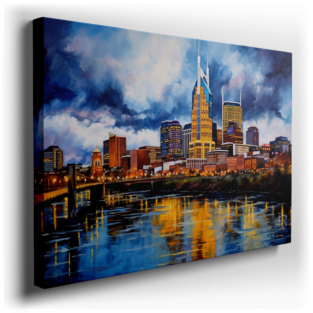 canvas print on wrapped canvas for wall decor – This wall art is a captivating portrayal of Nashville's skyline at dusk, a moment when the city transitions from the vib...