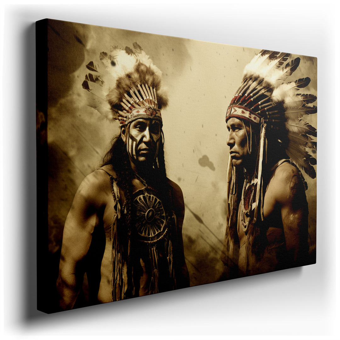 canvas print on wrapped canvas for wall decor – This evocative wall art portrays two Native American men, each adorned in traditional attire that speaks volumes about t...