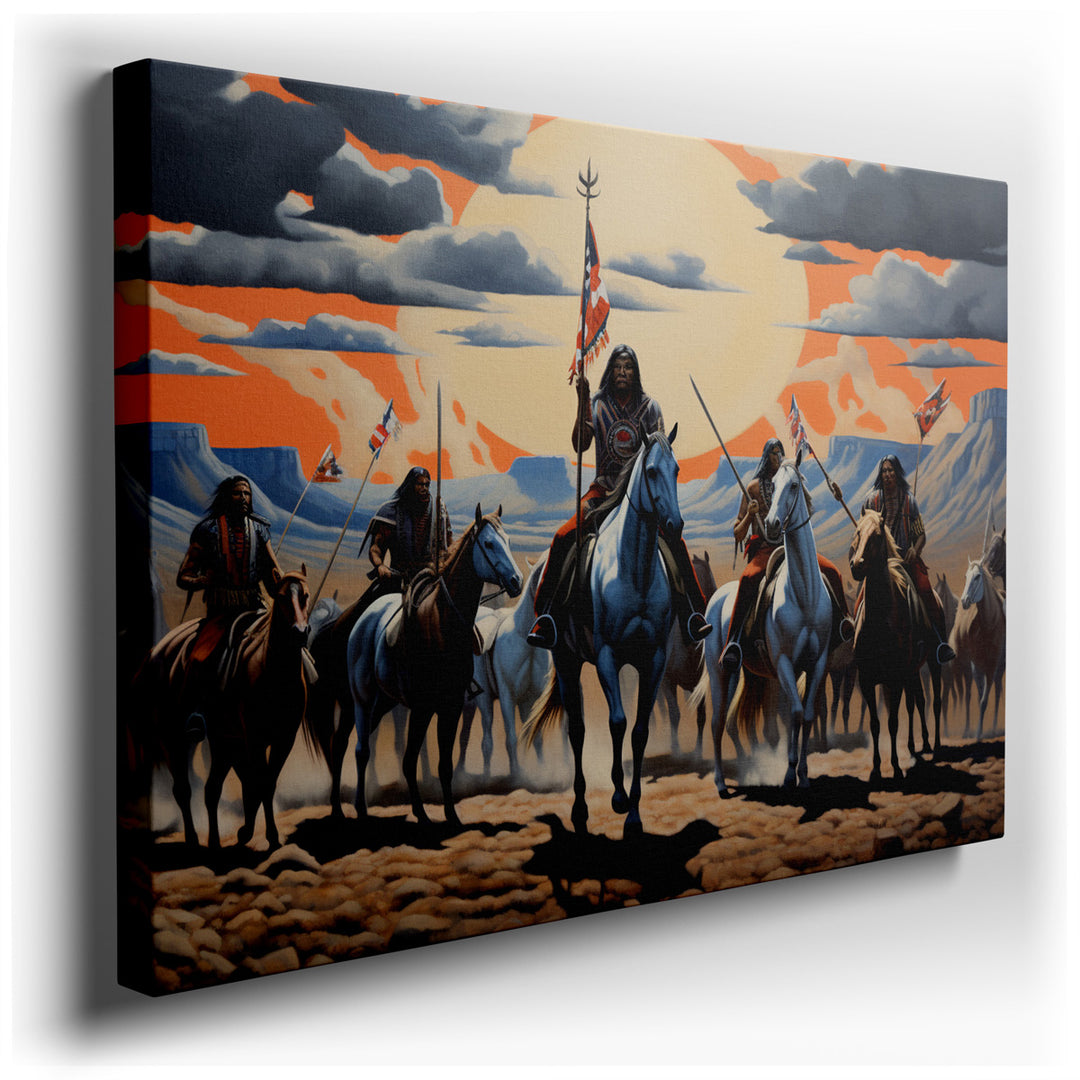 canvas print on wrapped canvas for wall decor – This evocative wall art captures a scene of profound beauty and cultural significance, portraying a group of Native Amer...