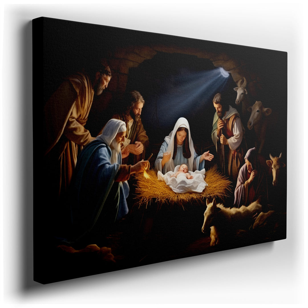 canvas print on wrapped canvas for wall decor – This evocative wall art captures a quintessential moment of serene divinity and familial warmth, portraying the nativity...
