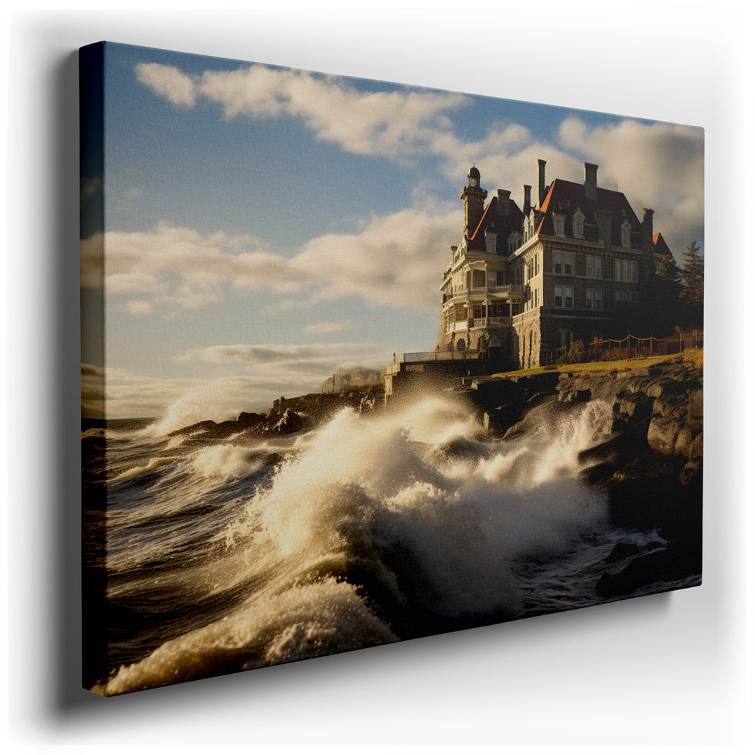 canvas print on wrapped canvas for wall decor – This wall art, a masterful depiction of a historic mansion set against the relentless force of nature, captures a moment...