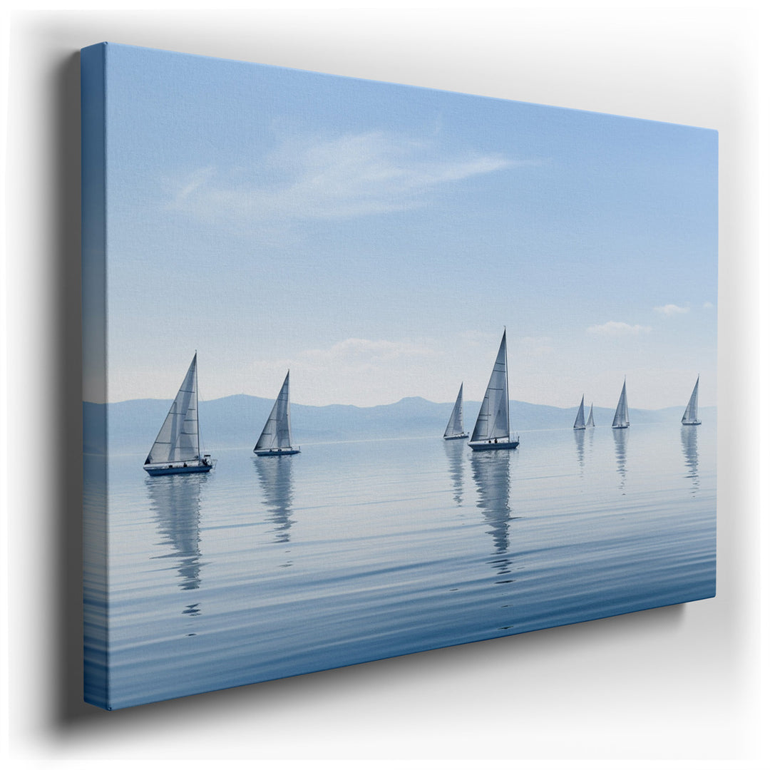 canvas print on wrapped canvas for wall decor – The wall art captures a serene nautical landscape, where multiple sailboats glide gracefully across a calm expanse of wa...