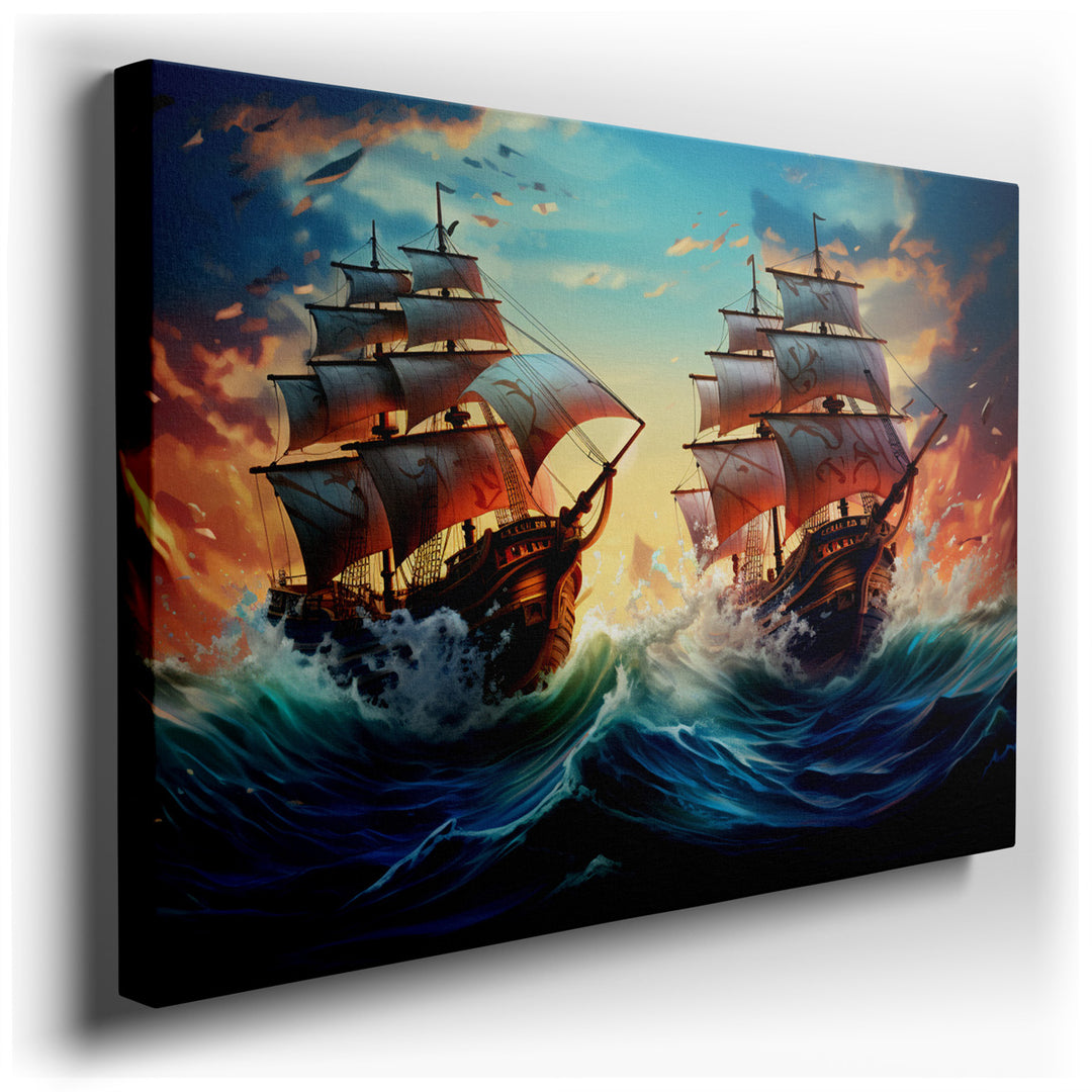 canvas print on wrapped canvas for wall decor – This wall art, a vivid and dynamic representation of a naval battle, is a masterpiece of visual storytelling that captur...