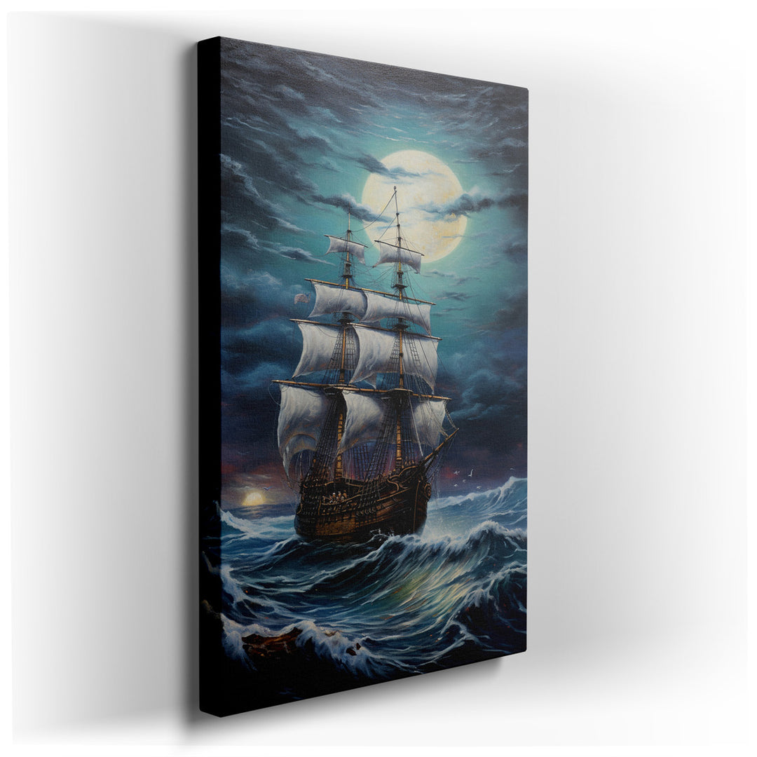 canvas print on wrapped canvas for wall decor – This captivating wall art, a masterful depiction of a ship braving the tumultuous sea under a luminous moon, is a true t...