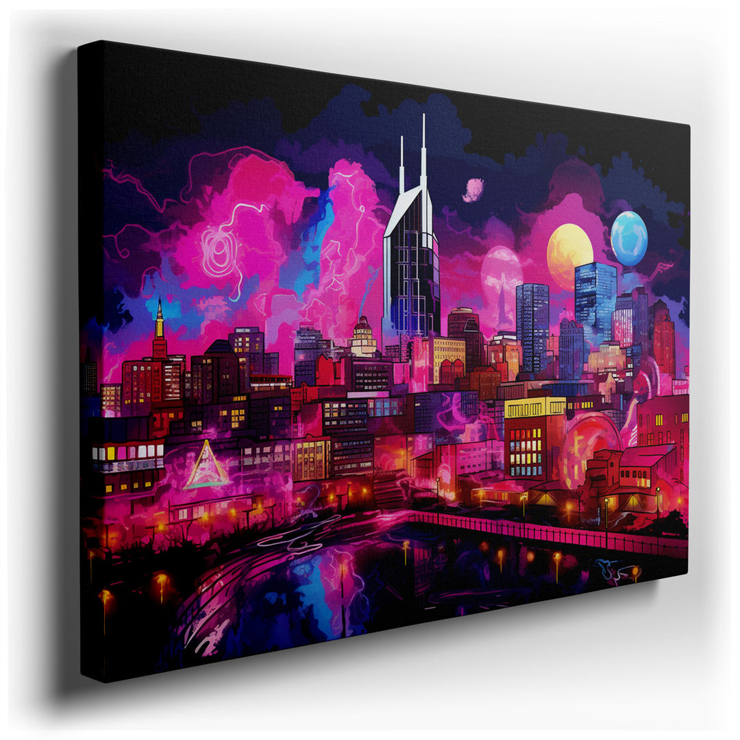 canvas print on wrapped canvas for wall decor – This wall art is a captivating masterpiece that transports viewers into a futuristic metropolis, intertwined with the bo...