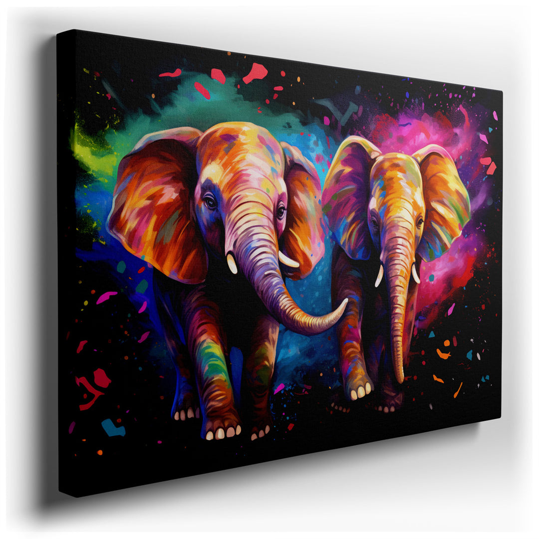 canvas print on wrapped canvas for wall decor – This captivating wall art, a true masterpiece of color and emotion, presents a vivid portrayal of two elephants, each re...