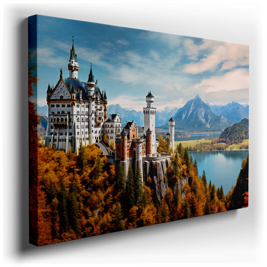 canvas print on wrapped canvas for wall decor – This wall art captures the majestic Neuschwanstein Castle, an emblem of fairy-tale architecture, set against the backdro...