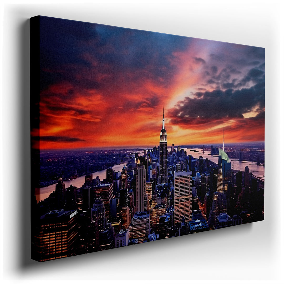 canvas print on wrapped canvas for wall decor – This wall art captures the essence of New York City at sunset, a moment when the city transitions from the bustling ener...