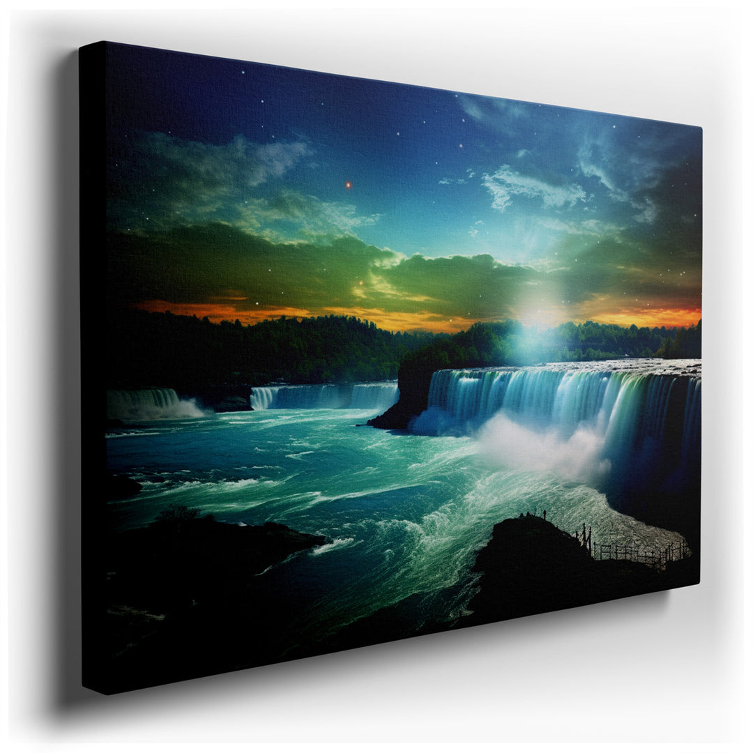 canvas print on wrapped canvas for wall decor – This wall art captures a breathtaking view of Niagara Falls at dawn, a moment when the natural world seems to pause and...