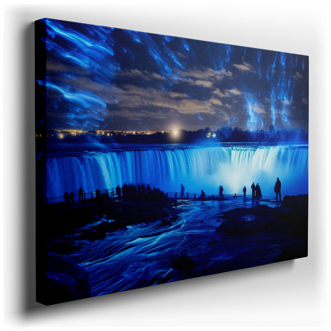 canvas print on wrapped canvas for wall decor – Imagine a wall art that captures the breathtaking spectacle of Niagara Falls under the enchantment of nighttime illumina...