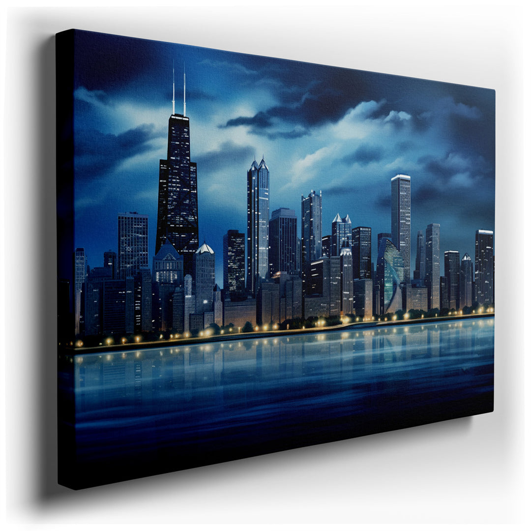 canvas print on wrapped canvas for wall decor – This wall art, a captivating portrayal of a city skyline at night, is a masterpiece that encapsulates the essence of mod...