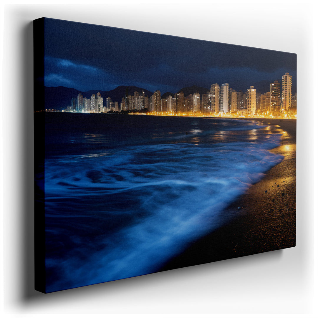 canvas print on wrapped canvas for wall decor – This wall art, a mesmerizing nighttime cityscape, masterfully captures the essence of urban vibrancy juxtaposed with ser...