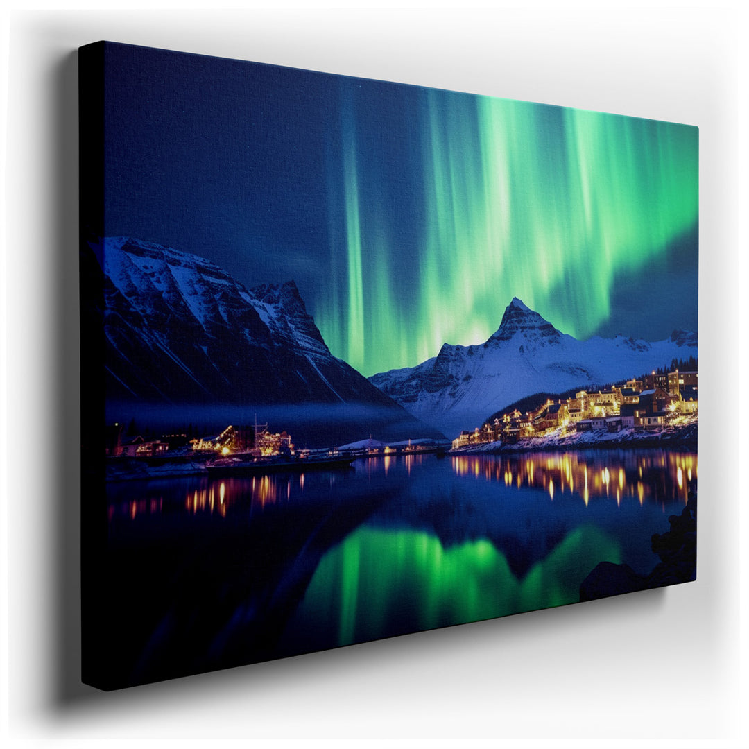canvas print on wrapped canvas for wall decor – This wall art captures a mesmerizing scene of the northern lights, or aurora borealis, as they dance across the night sk...