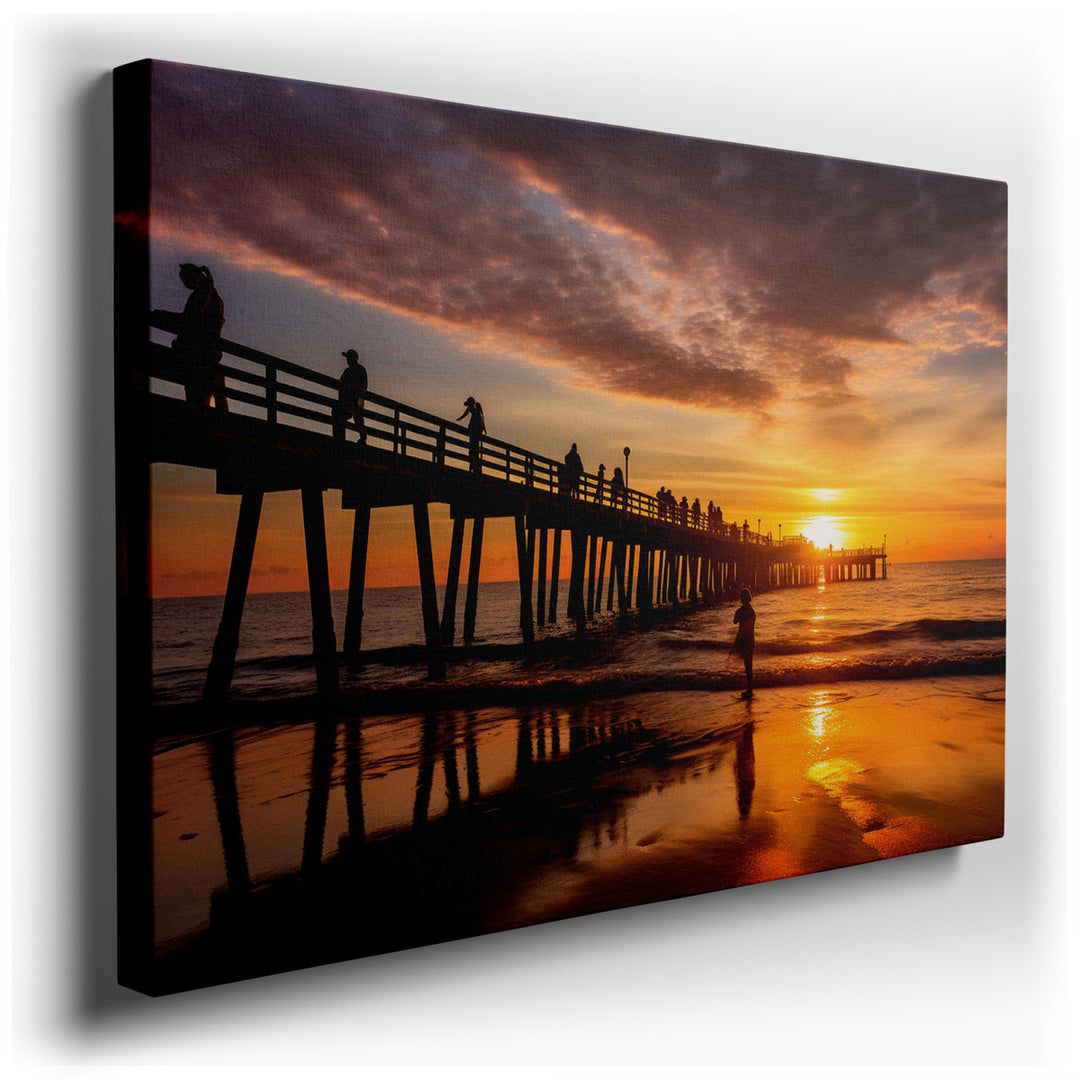canvas print on wrapped canvas for wall decor – This wall art, a masterful depiction of a sunset over an ocean pier, is an artwork that exudes tranquility and warmth, m...