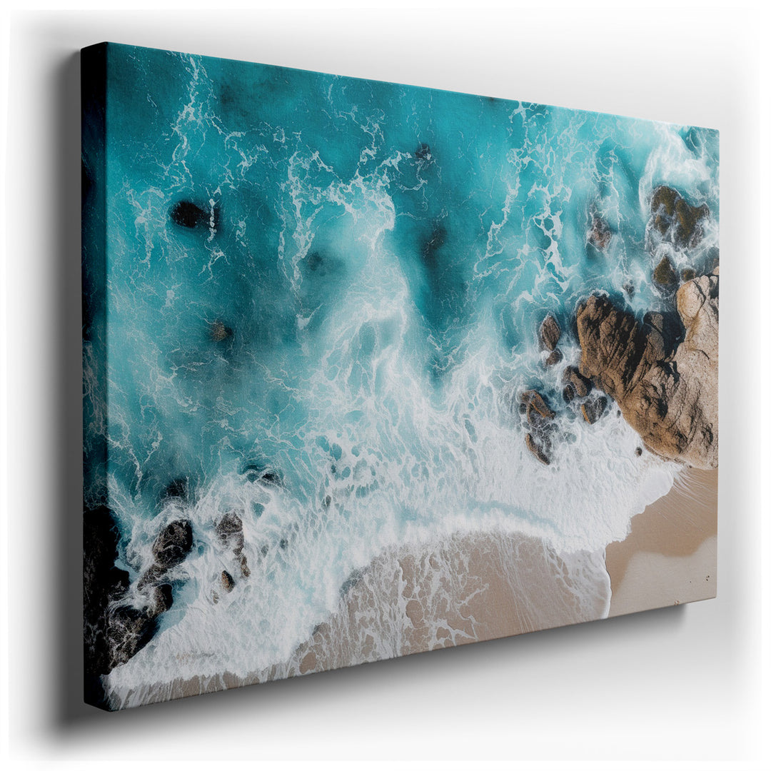 canvas print on wrapped canvas for wall decor – This captivating wall art masterfully encapsulates the awe-inspiring spectacle of ocean waves as they collide with a rug...
